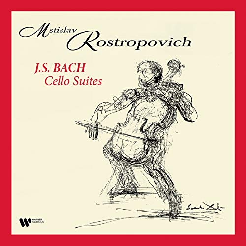 Sketch of Rostropovich playing cello, album cover for Bach’s Cello Suites.
