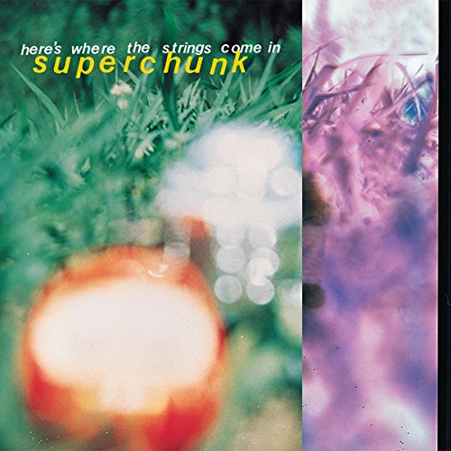 Superchunk album cover: blurred green grass, red fruit, and purple abstract shapes.