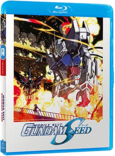 Blu-ray case for "Gundam Seed" featuring a white and grey mecha in battle.