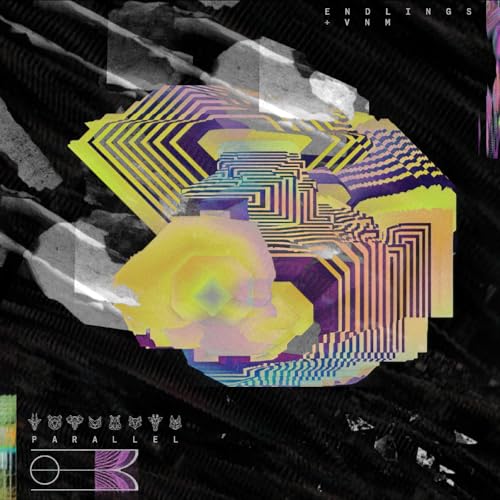 Abstract album cover with geometric shapes in yellow, purple, and black.