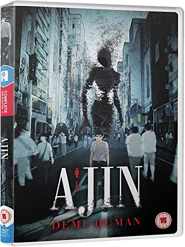Ajin Season 1 DVD cover featuring a dark, shadowy figure looming over a city street.