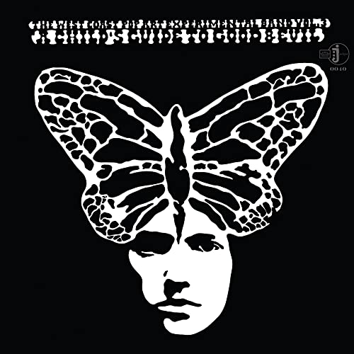 Black and white album cover featuring a butterfly over a face.