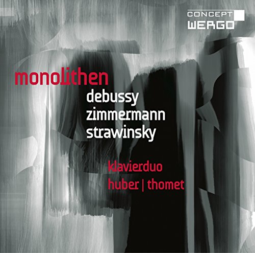 CD cover for Klavierduo Huber/thomet’s “Monolithen” featuring abstract gray shapes.