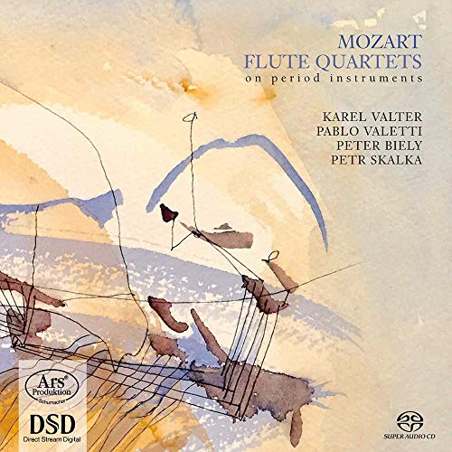 CD cover featuring abstract watercolor art, text about Mozart Flute Quartets, and musician names.