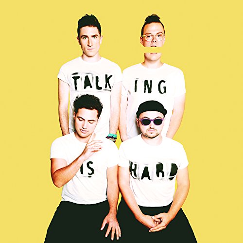 Walk The Moon band members in white shirts with text on a yellow background.