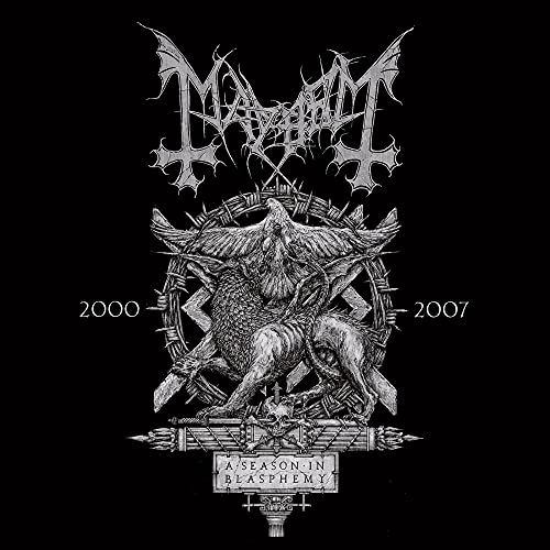 Mayhem album cover: black and white illustration of birds, wolves, and crosses.