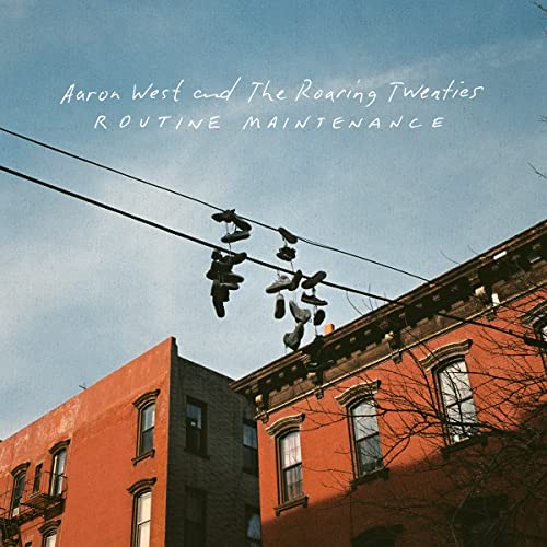CD cover for Aaron West’s “Routine Maintenance” showing shoes on wires.
