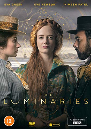 DVD cover for "The Luminaries" featuring three actors in period clothing.