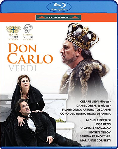 Blu-ray cover for Verdi's *Don Carlo* opera, featuring performers in costume.