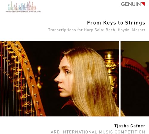 CD cover featuring harpist Tjasha Gafner in profile, with harp details.