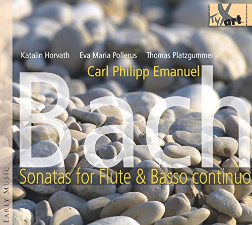 CD cover for CPE Bach flute sonatas with a pebble background.
