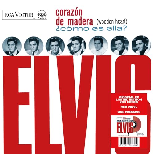 Elvis Presley album cover, red background with repeated name and portrait images.