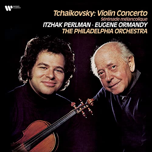 Itzhak Perlman and Eugene Ormandy portrait with a violin, album cover.