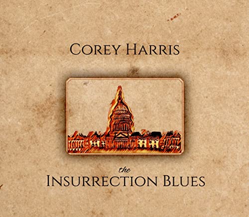 CD cover for Corey Harris’ “Insurrection Blues” featuring a building illustration.