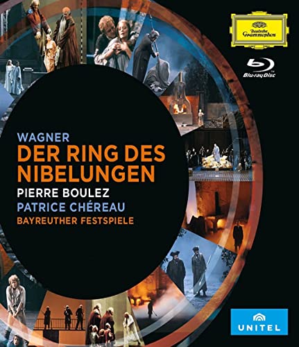 Blu-ray cover for Wagner’s "Der Ring Des Nibelungen" opera, with stage imagery.