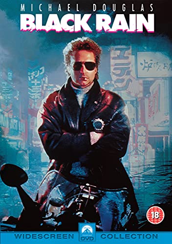 Michael Douglas in a leather jacket on a motorcycle against a neon city background.
