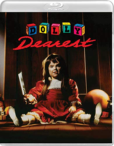 Blu-ray cover for horror film “Dolly Dearest” featuring a doll with a knife.