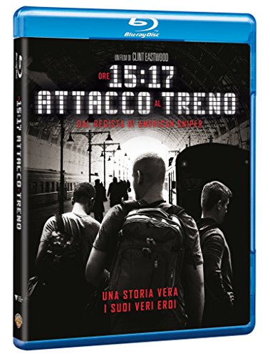Blu-ray cover for "15:17 Train Attack" featuring passengers and a train station.
