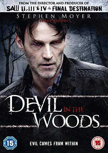 DVD cover for "Devil In The Woods" featuring a man with red eyes.