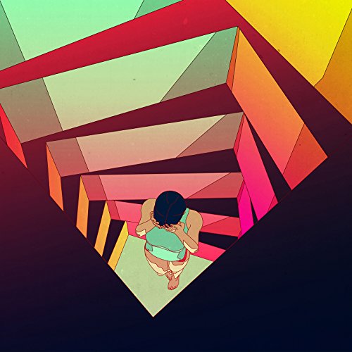 Illustration of a person descending colorful, angular stairs from above.