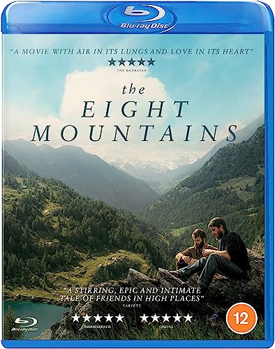 Blu-ray cover for "The Eight Mountains" showing a mountain landscape and two men.