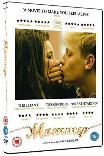 DVD cover for "Mommy" featuring a mother and son kissing, with dark markings.