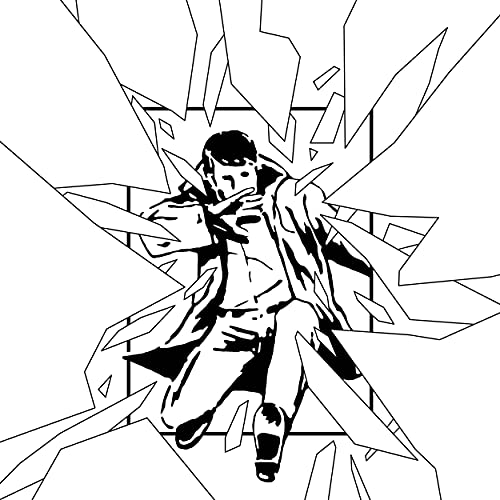 Black and white illustration of a man in a coat breaking glass.