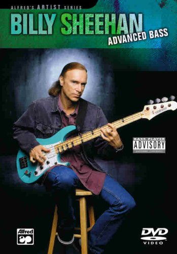 Billy Sheehan seated, playing a blue and white bass guitar on a stool.