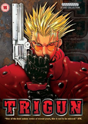Anime character Vash the Stampede holding a large silver revolver.