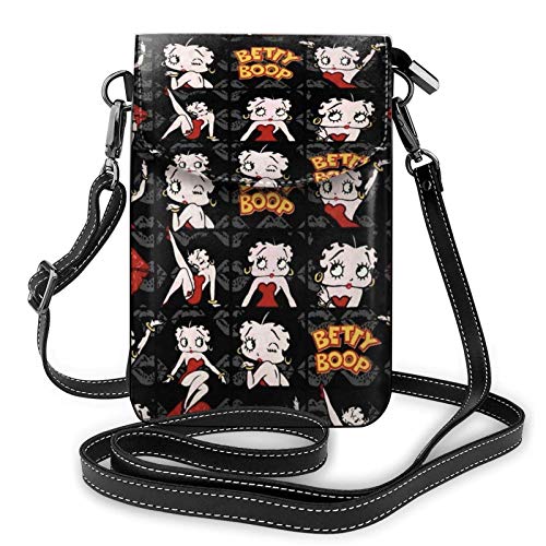 Small black crossbody bag featuring a repeating Betty Boop print and an adjustable strap.