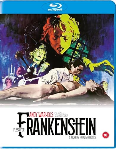 Blu-ray cover art featuring a stylized, colorful illustration of characters from Flesh for Frankenstein.