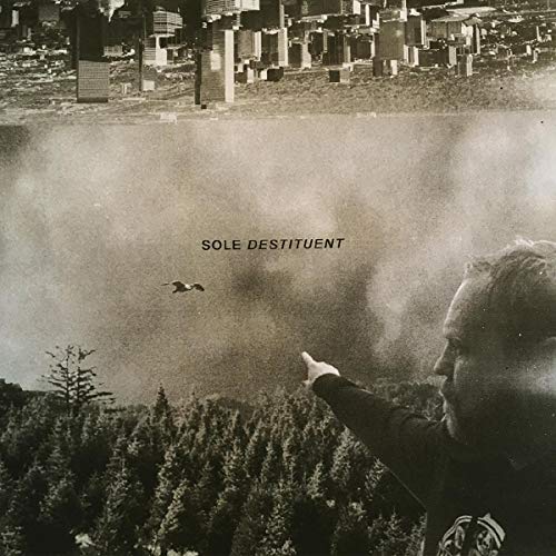 Black and white album cover with a bird, trees, and a pointing hand.