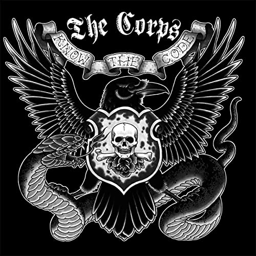 Black and white album cover featuring a raven, skull, snake, and wings.