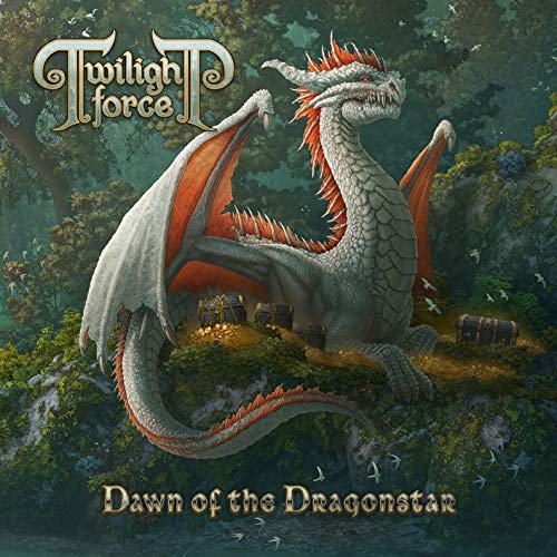 Album cover for Twilight Force’s “Dawn of the Dragonstar” featuring a white dragon.