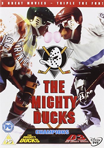 DVD cover for "The Mighty Ducks" featuring hockey players and a duck logo.