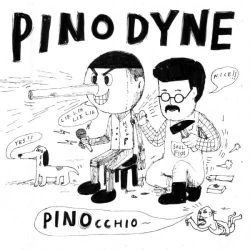 Black and white cartoon illustration of Pinocchio with two men, a dog, and tools.