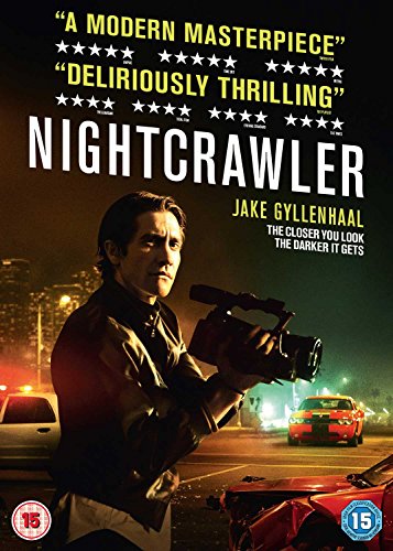 DVD cover for "Nightcrawler" featuring Jake Gyllenhaal with a camera.