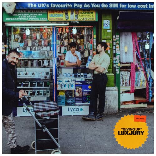 CD cover for Luxjury’s “Giving Up” featuring two men in front of a shop.