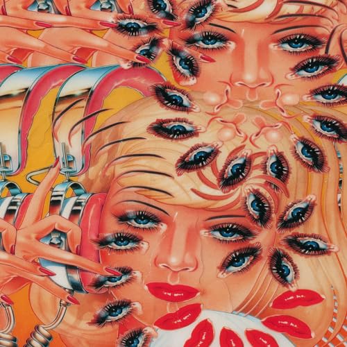 Surreal album cover with multiple eyes and red lips on faces.