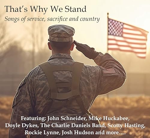 CD cover: soldier saluting the American flag at sunset.