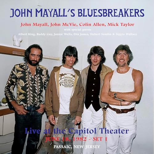 John Mayall’s Bluesbreakers band portrait with concert details overlaid.
