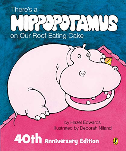 A pink hippopotamus sits on a pink roof eating a slice of cake.