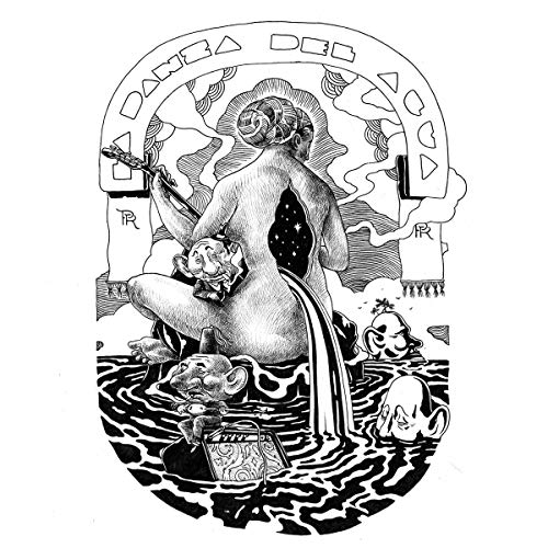Black and white illustration of a woman playing guitar by water.