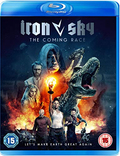 Iron Sky: The Coming Race" Blu-ray cover featuring characters and a dinosaur.