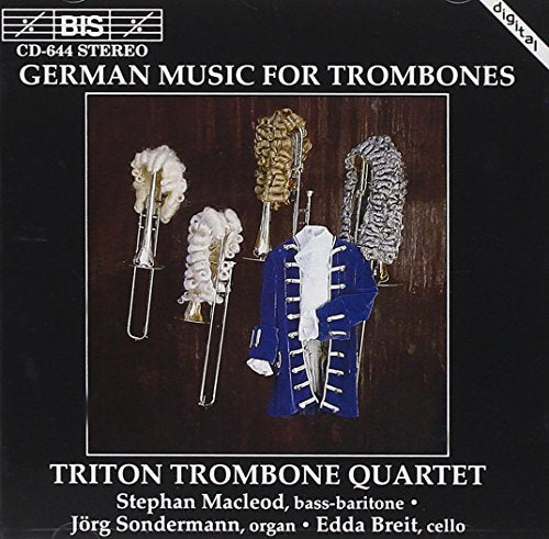 CD cover: trombones and baroque costumes against a dark wood background.