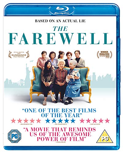 Blu-ray cover for "The Farewell" featuring a family portrait and city skyline.