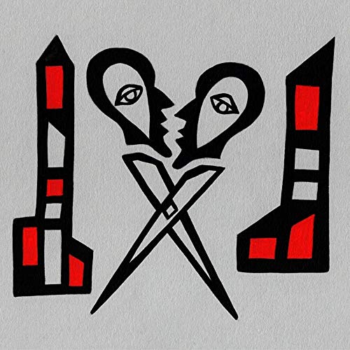 Black and white abstract art featuring faces and scissors.