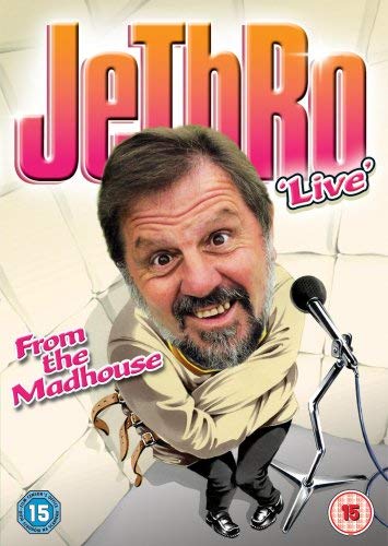 DVD cover for "Jethro: In The Madhouse" featuring a comedian with a microphone.
