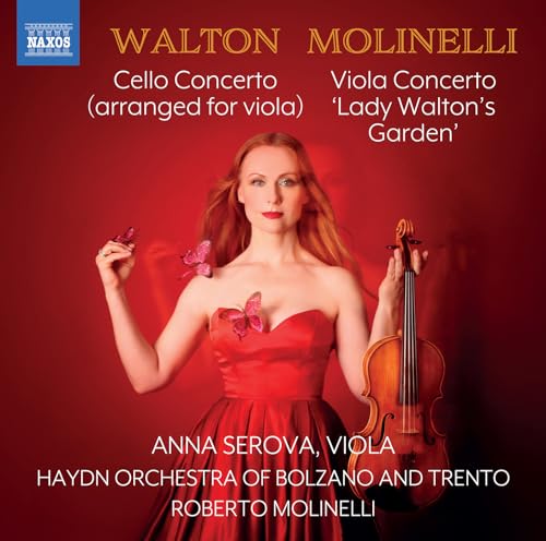 CD cover featuring a woman with a viola and butterflies, red background.