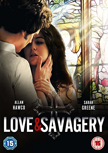 DVD cover: Couple embracing, stained glass window, title "Love & Savagery".
